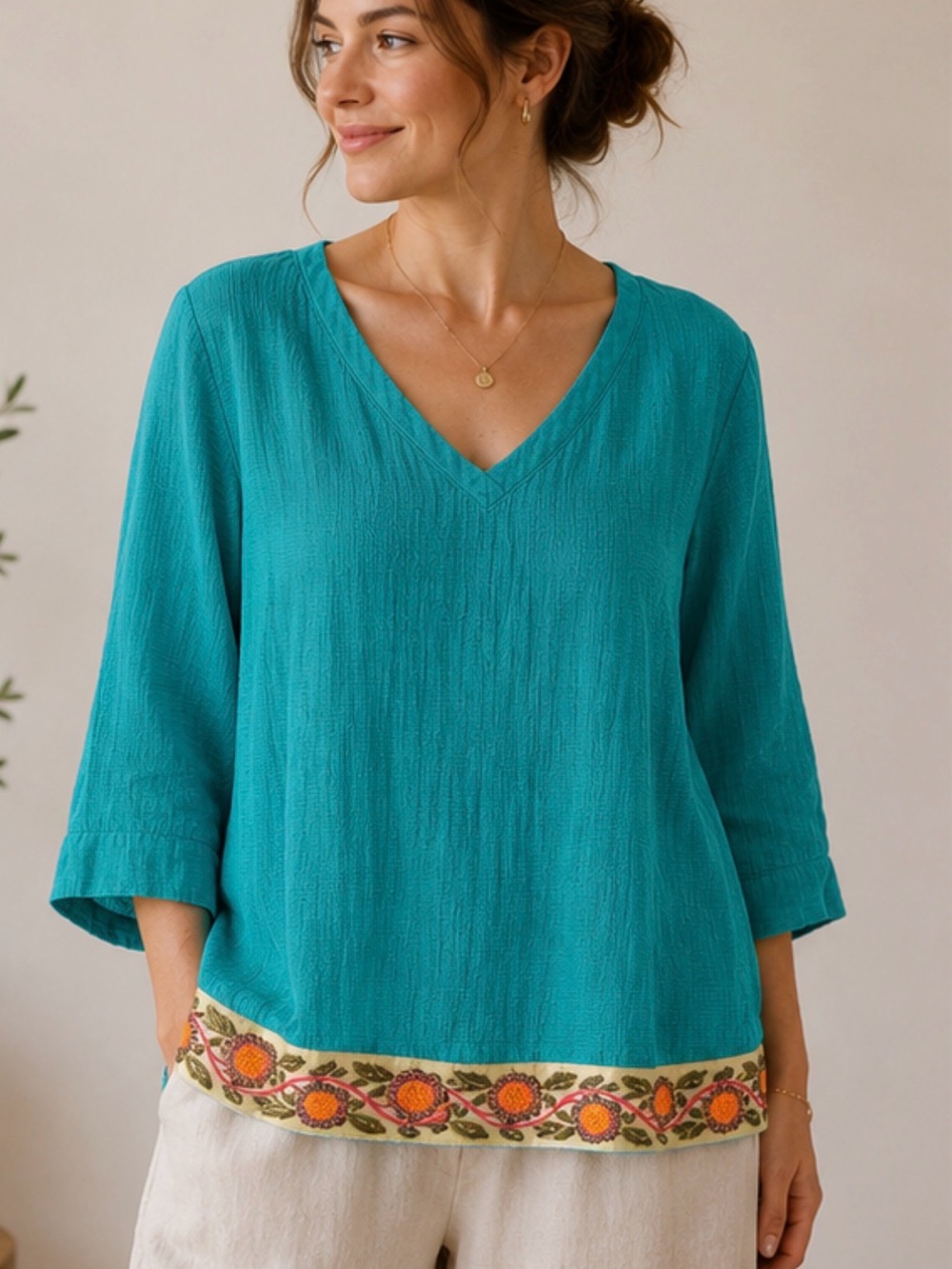 Soft Surroundings Turquoise Embroidered Hem Boho Tunic Top XL Cotton Gauze